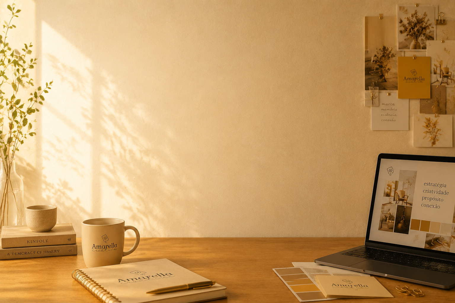 Mesa de trabalho da Amarella Creative com luz natural quente, livros, caneca e moodboard