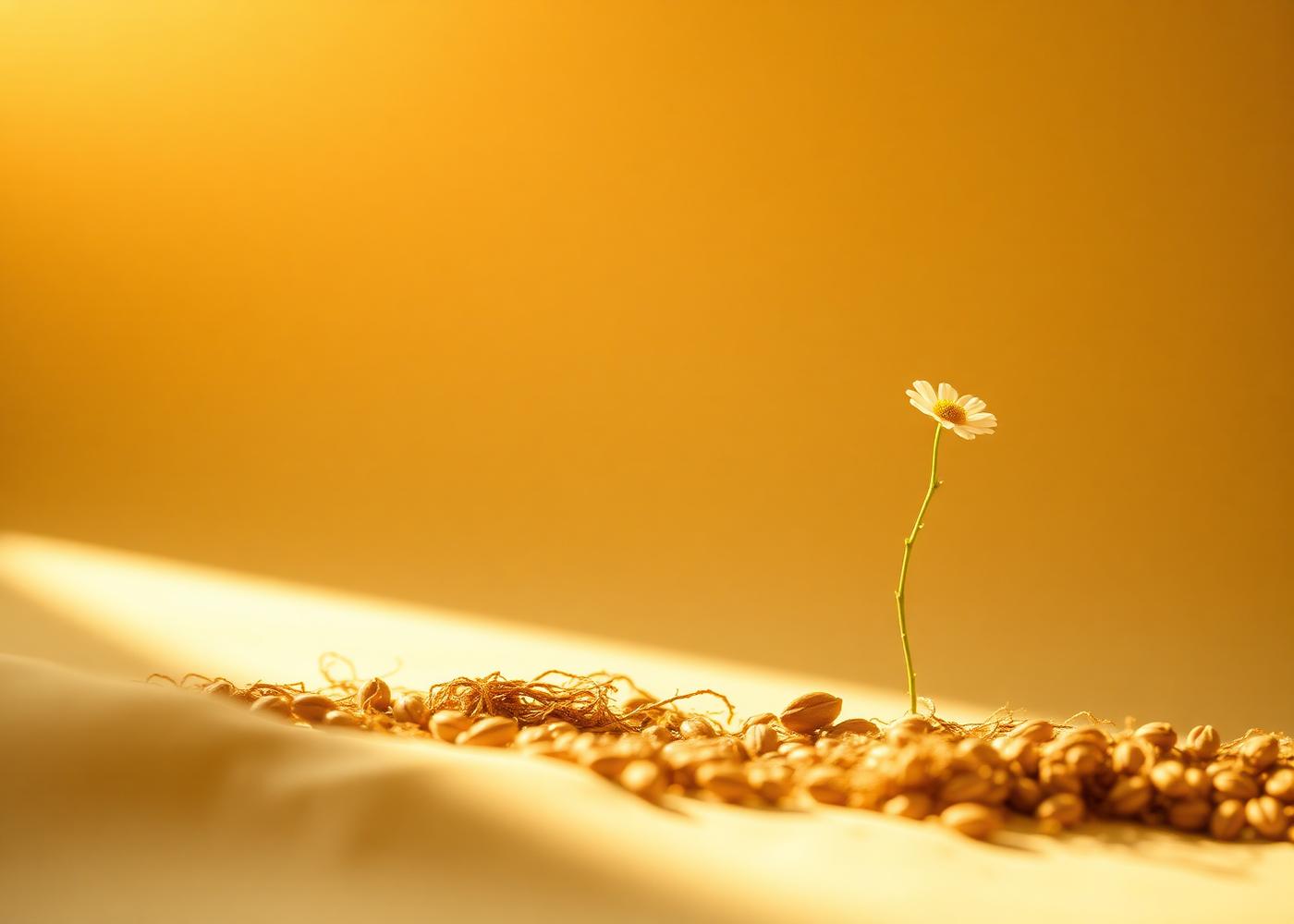 Imagem abstrata representando crescimento — sementes e uma flor delicada na luz dourada